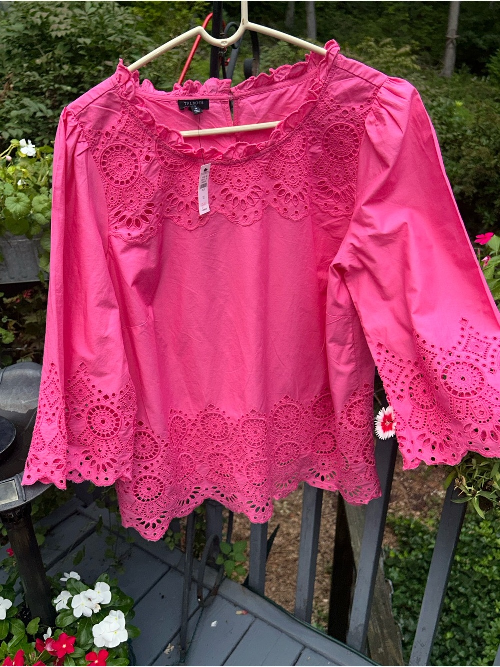 Talbots Hot Pink Eyelet Lace Peasant Blouse  NWT